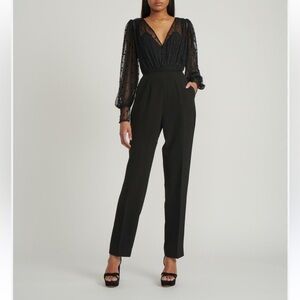 Saloni women’s size 4 Elegant Black Sheer Sleeve Jumpsuit polka dot Bernadette